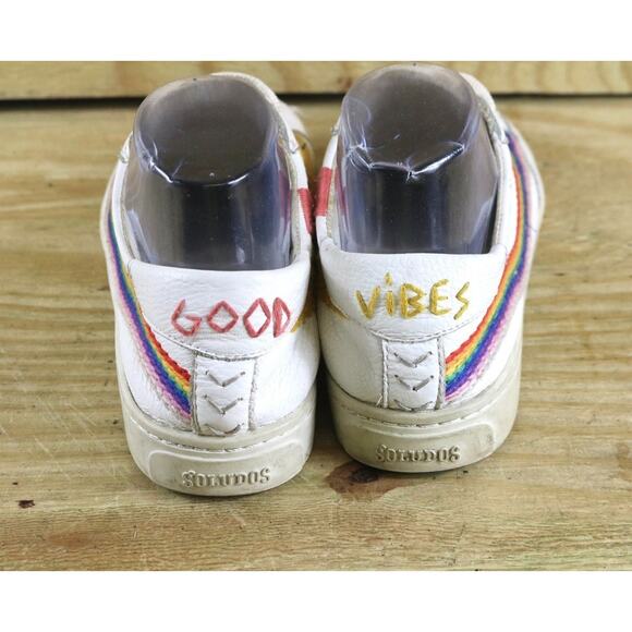 Soludos Sneakers 9.5 White Leather Rainbow Wave Good Vibes Embroidered - Picture 3 of 7